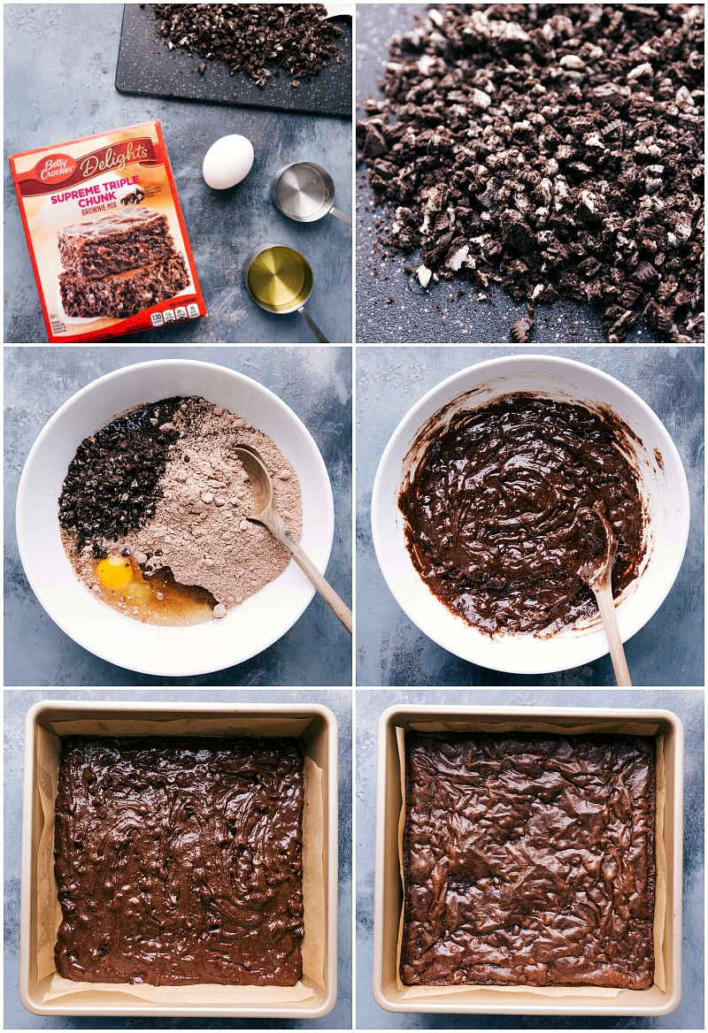 Process shots-- images showing the brownie box mix; the recipe being made; Oreos being added to the brownie batter; and the batter being put in a pan and baked.