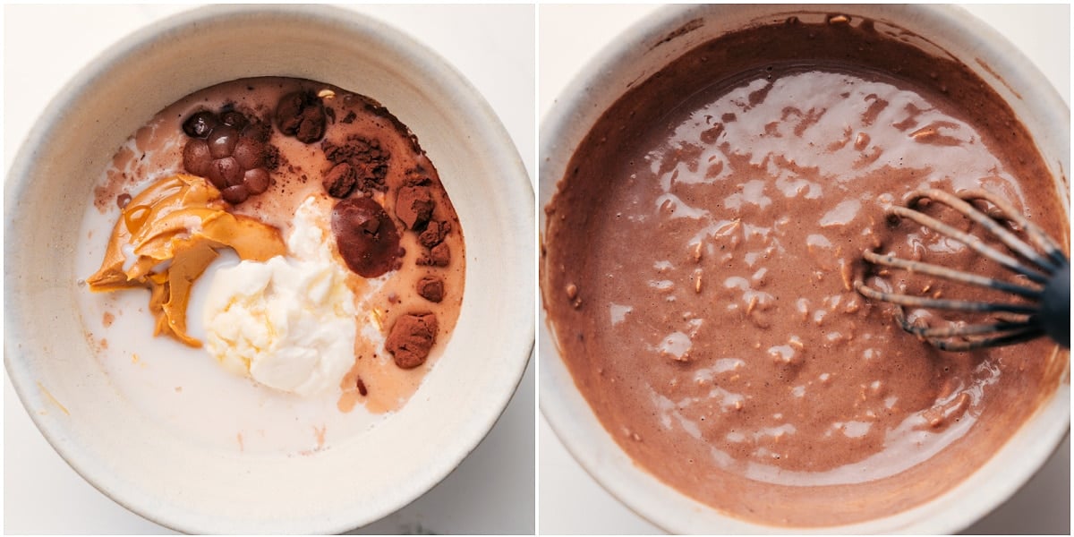 Preparing Peanut Butter Overnight Oats: Mixing Ingredients and Transferring to Jar for Chilling