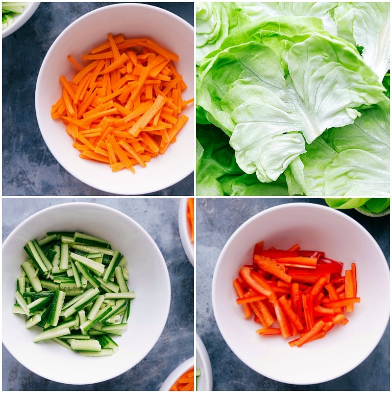 A colorful assortment of fresh raw vegetables ready to be added to chicken lettuce wraps with peanut sauce.