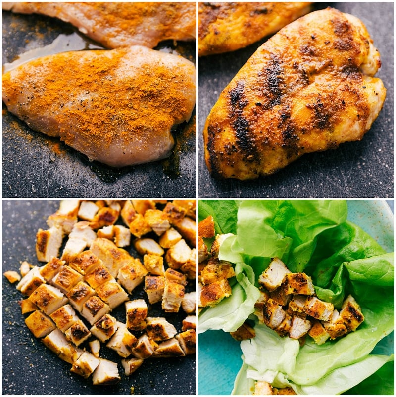 Boneless, skinless chicken breast transformation: raw, sautéed, chopped, and served in the salad.