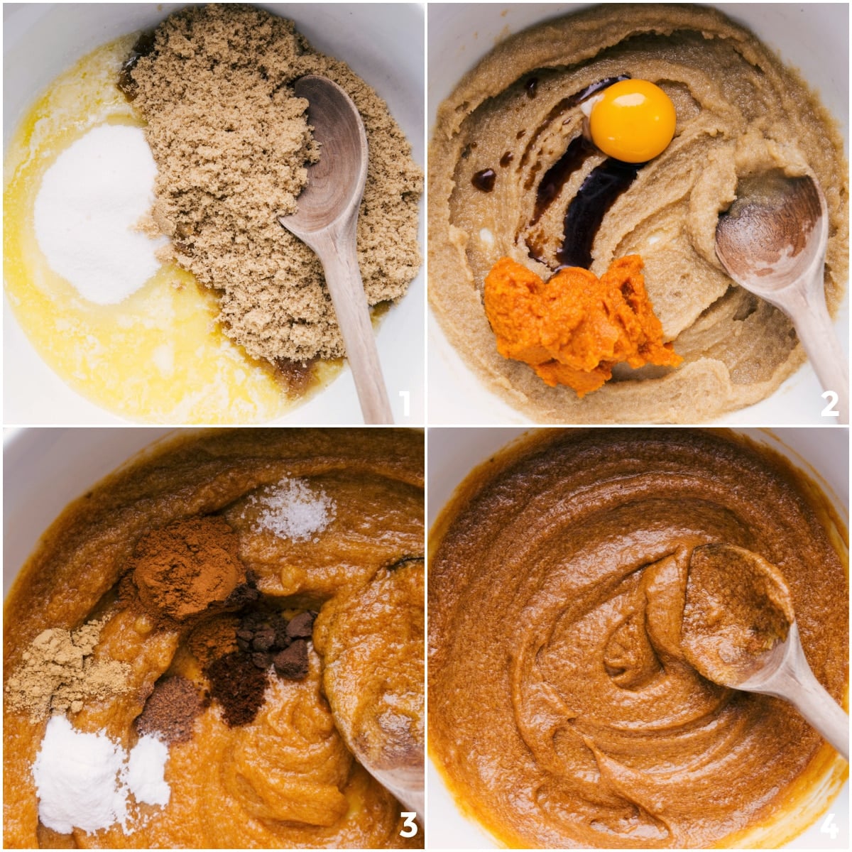 The wet ingredients for this pumpkin chocolate chip cookies recipe being whisked together and then the spices being added in and mixed.