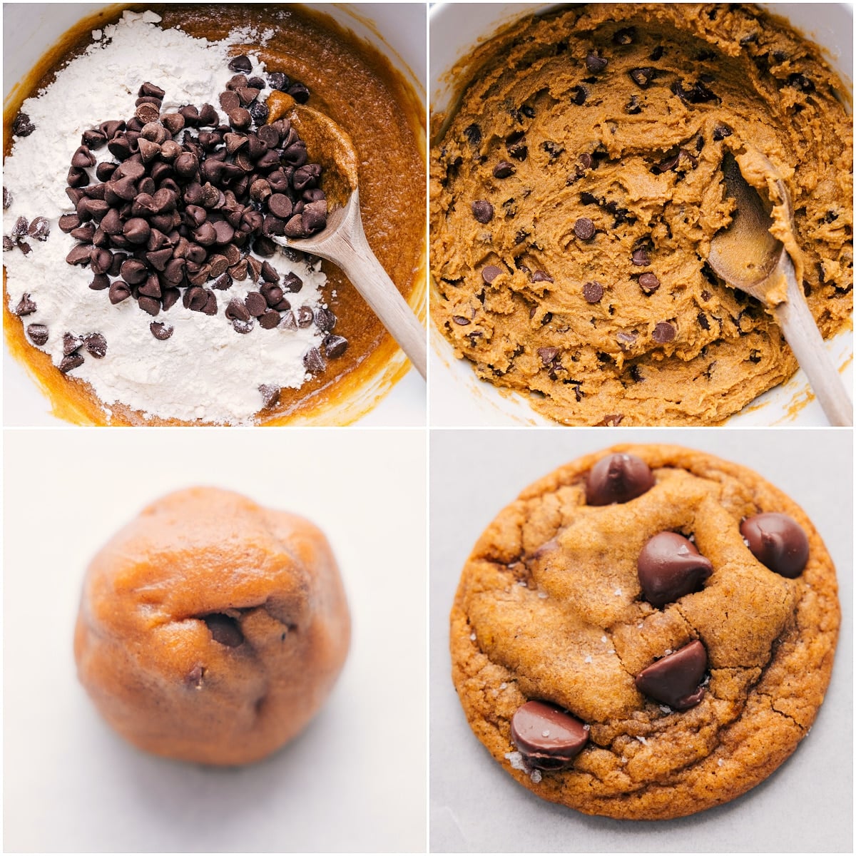 Warm Chocolate Chip Pumpkin Cookie: Crispy on the Outside, Soft on the Inside Dry ingredients are mixed into the wet ingredients, forming a dough that is rolled into balls and baked.