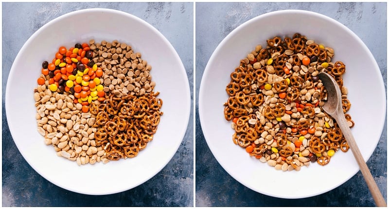 Overhead view of the ingredients for Peanut Lover's Trail Mix.