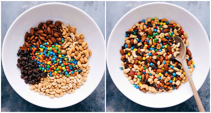 Ingredients for mountain trail mix, such as M&M's, sunflower seeds, chocolate-covered popcorn, dark chocolate chunks, and pecans, being stirred together.