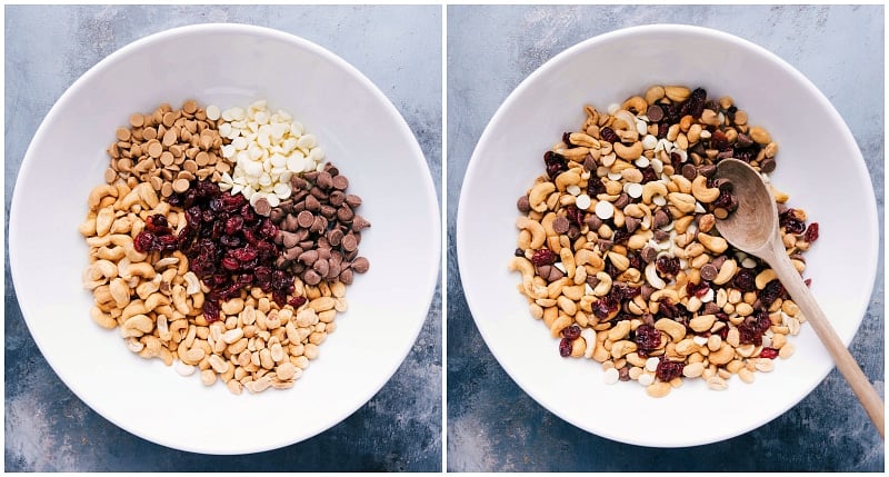 Overhead shot of the ingredients for Indulgent Trail Mix.