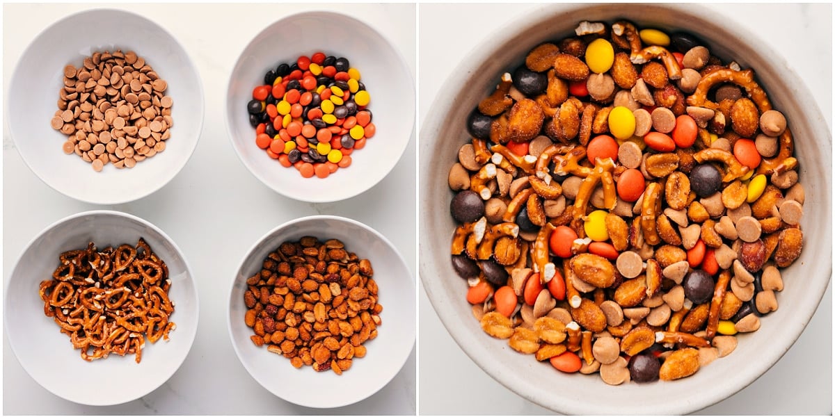 Peanut Butter Trail Mix Peanut Butter Trail Mix Recipe being made with peanut butter chips, peanut butter M&M’s, pretzels, and peanuts combined in a bowl.