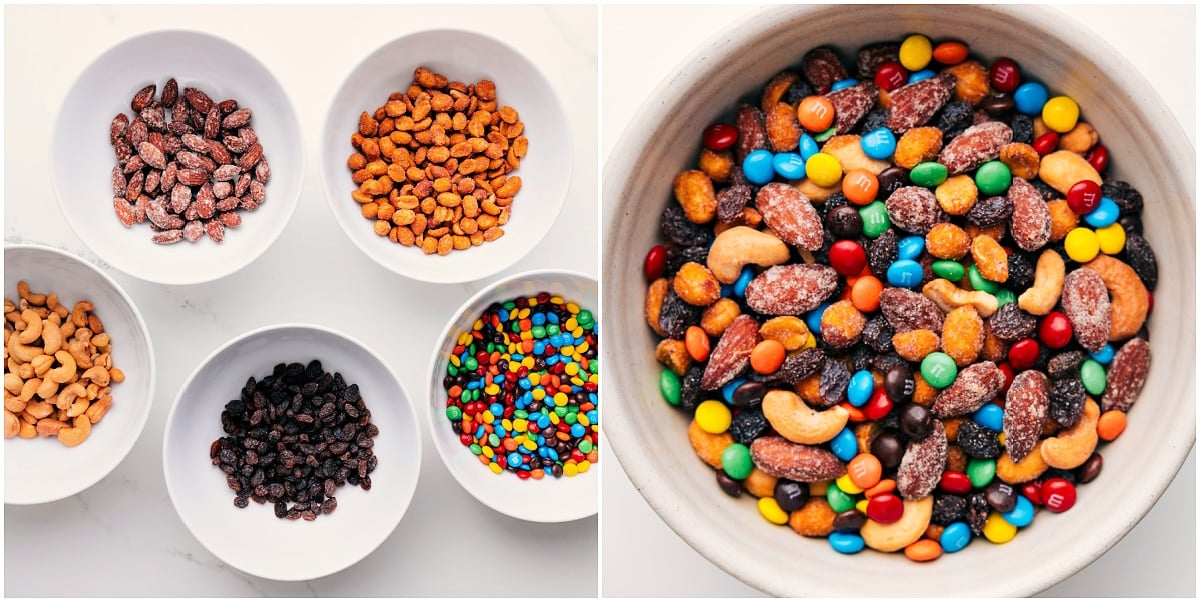 How To Make This Trail Mix Recipe Base Trail Mix Recipe being made with nuts, raisins, and M&M’s combined in a bowl.