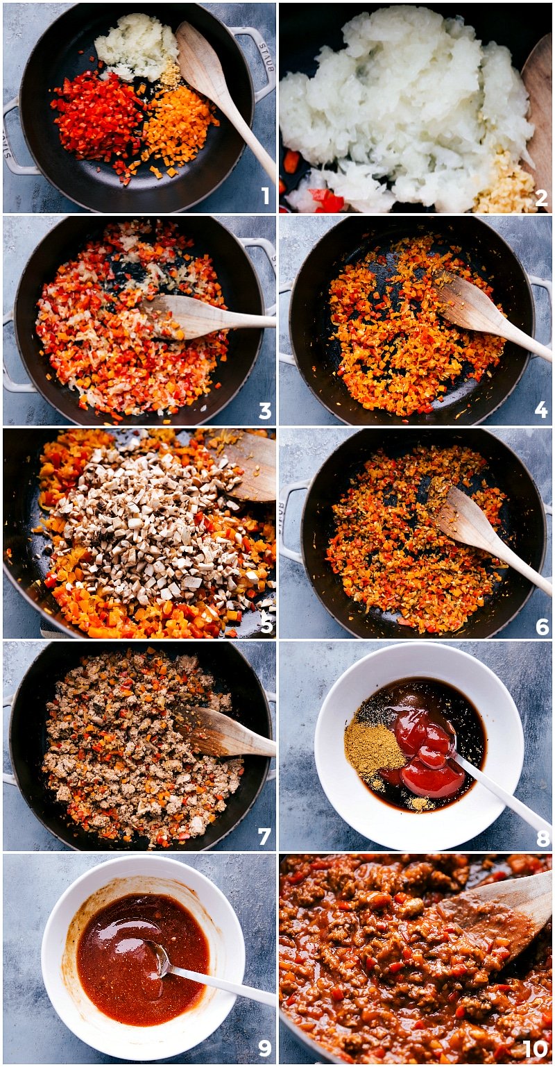 Cooking the meat and other ingredients for ground turkey sloppy joes in a pan.