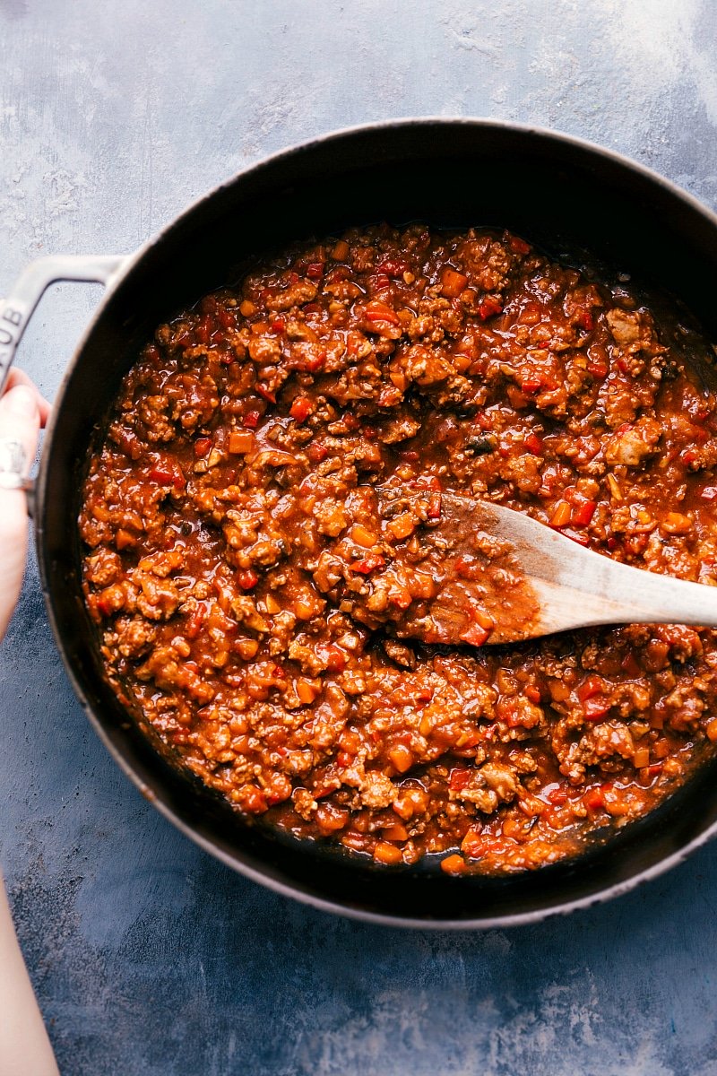 Overhead view of Turkey Sloppy Joes, ready to be spooned onto buns and served.