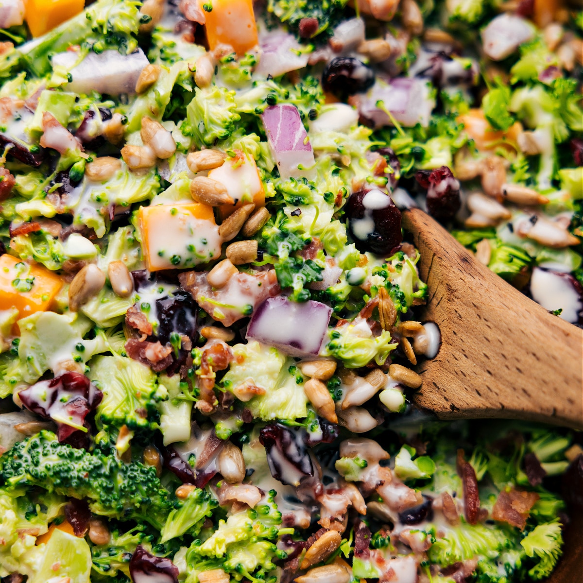 The potluck favorite in a bowl ready to be enjoyed.