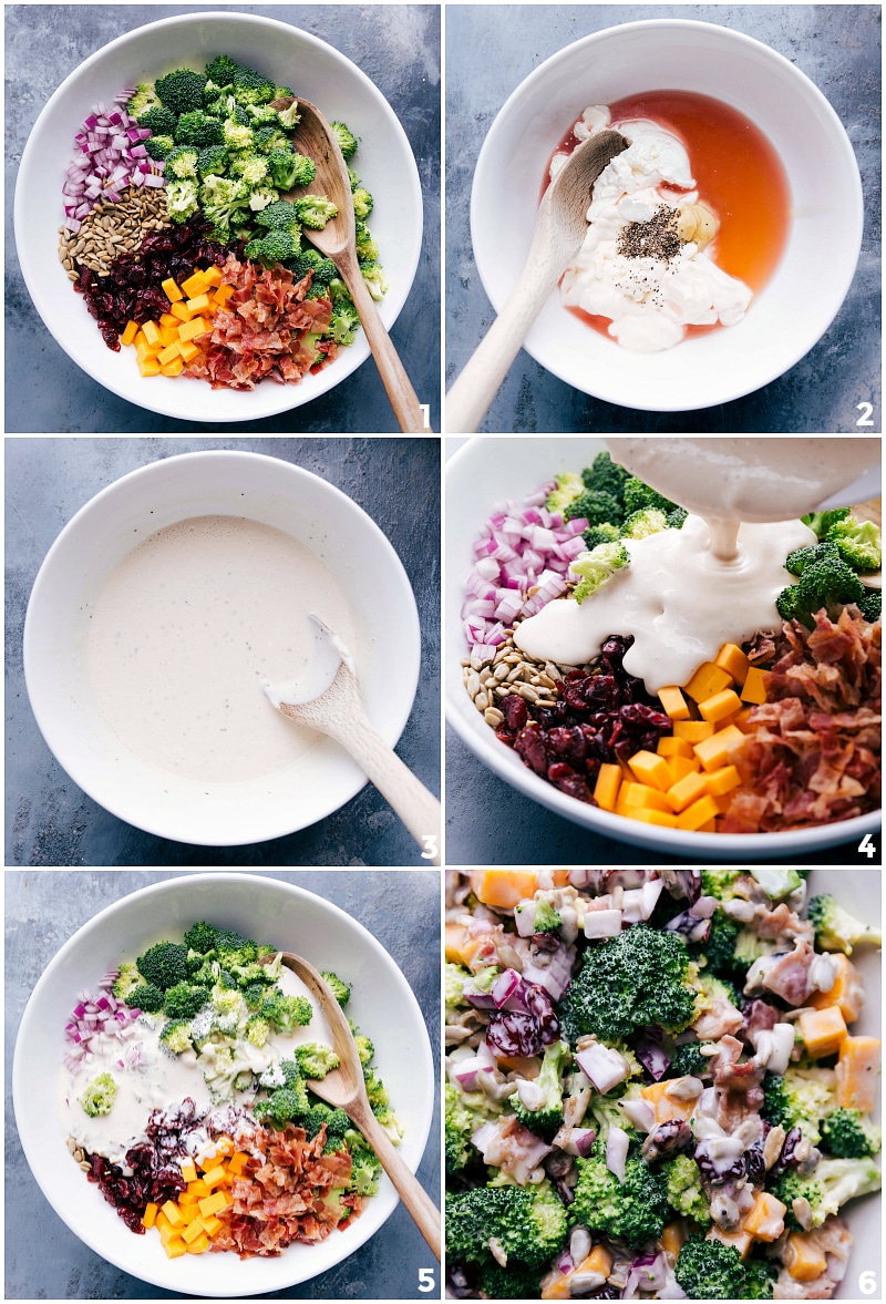 Mixing ingredients in a bowl and crafting a savory dressing for the broccoli salad recipe.