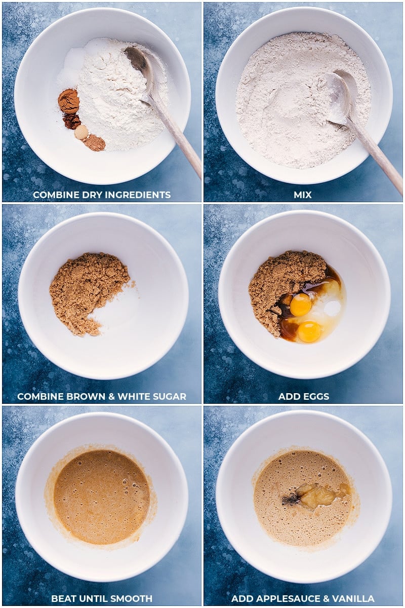 Wet and dry ingredients being prepped in separate bowls.