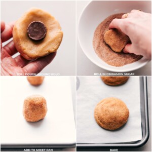 Rolo candies being carefully placed in the center of caramel snickerdoodle dough balls before baking, followed by the cookies baking to perfection.