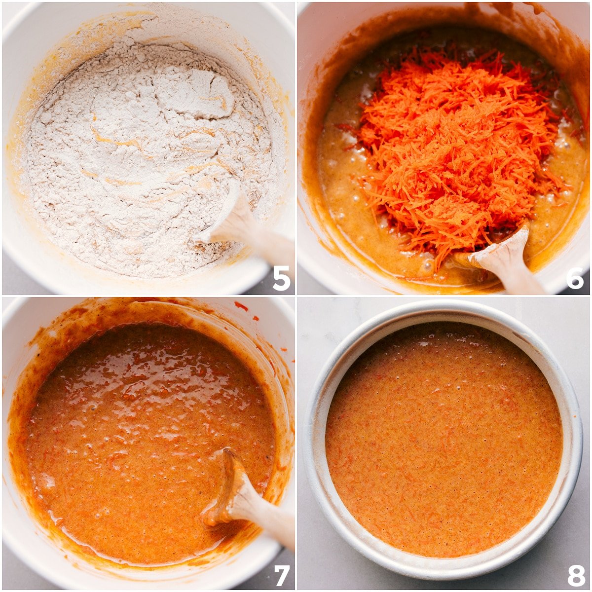 I’m combining the wet and dry ingredients, folding in the shredded carrots, and pouring everything into the pans to bake.