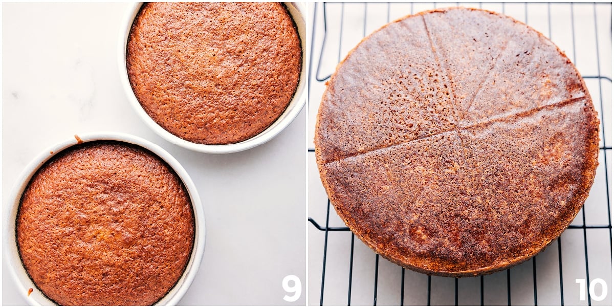The carrot cakes just came out of the oven and are cooling on a rack.