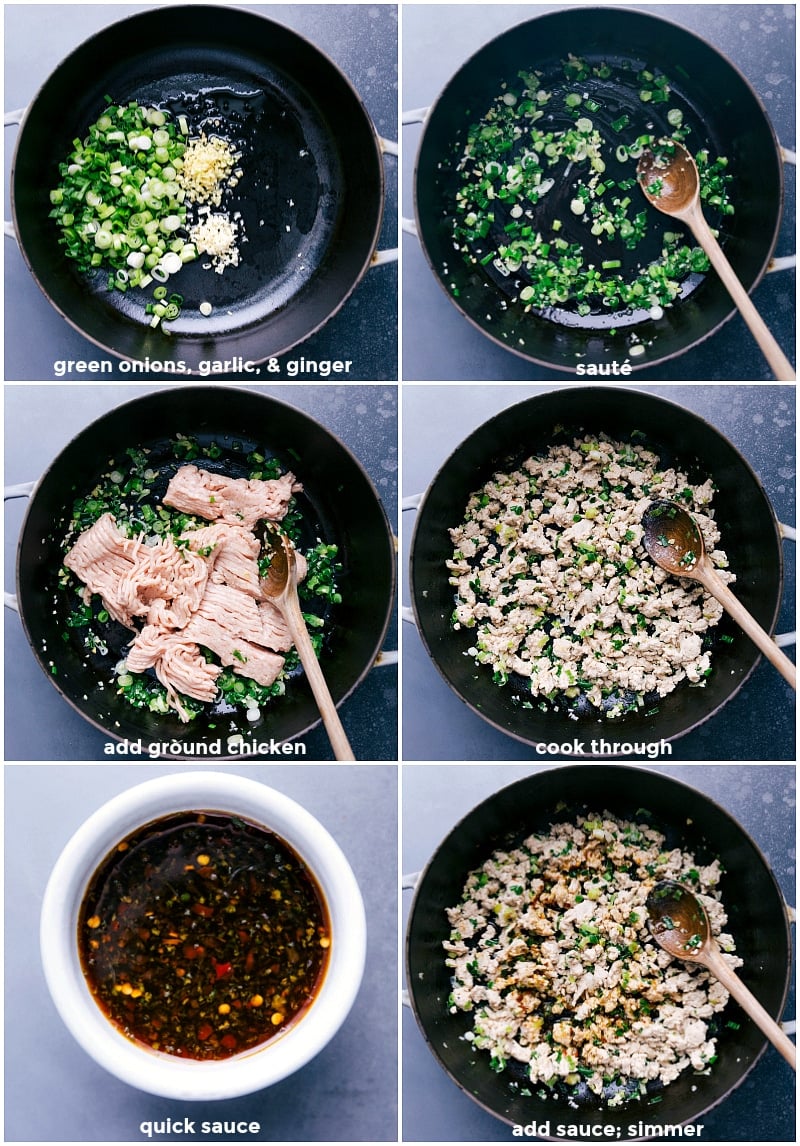 Process shots of browning the aromatics, cooking the ground chicken, and adding the sauce to Chicken Larb.