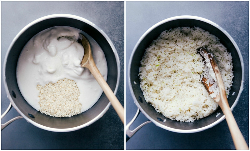 Overhead views of making sticky rice 