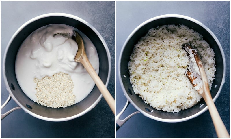 Cooking sticky rice in a pan.