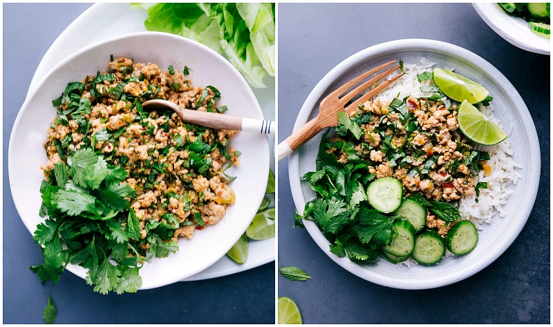 Overhead view of Chicken Larb by itself, and then with the toppings added.