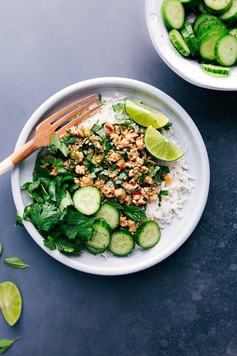 Overhead view of a plate with Chicken Larb and white rice.