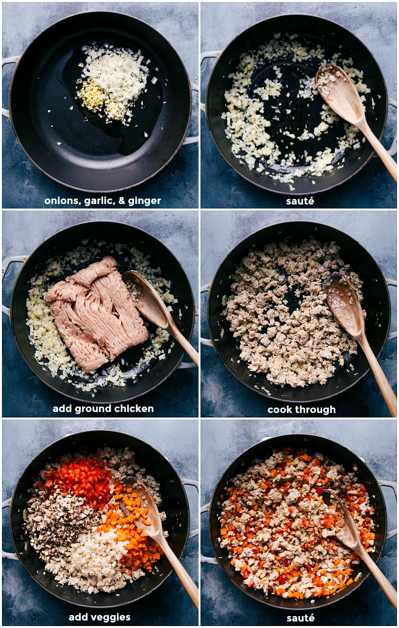 Process shots of sauteeing the aromatics, browning the ground chicken, and adding in the diced veggies