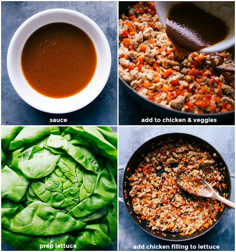 Photos of the sauce, showing it being added to the chicken and veggies, an overhead view of the Boston lettuce, and a view of the meat and veggie mixture.