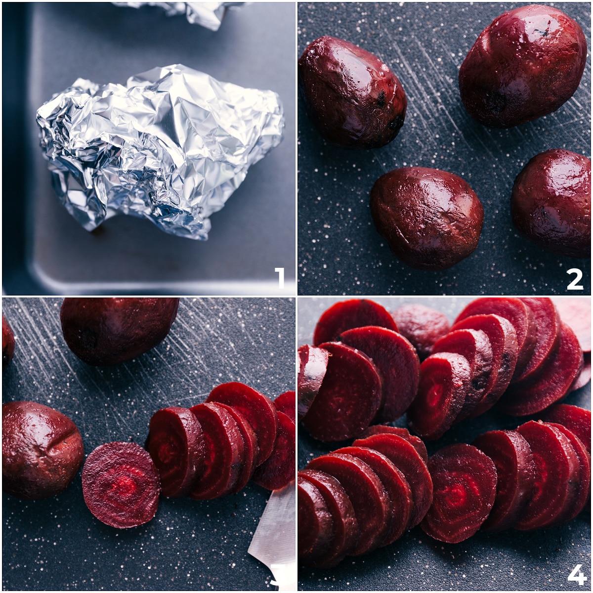 The beets being roasted and sliced for this dish.