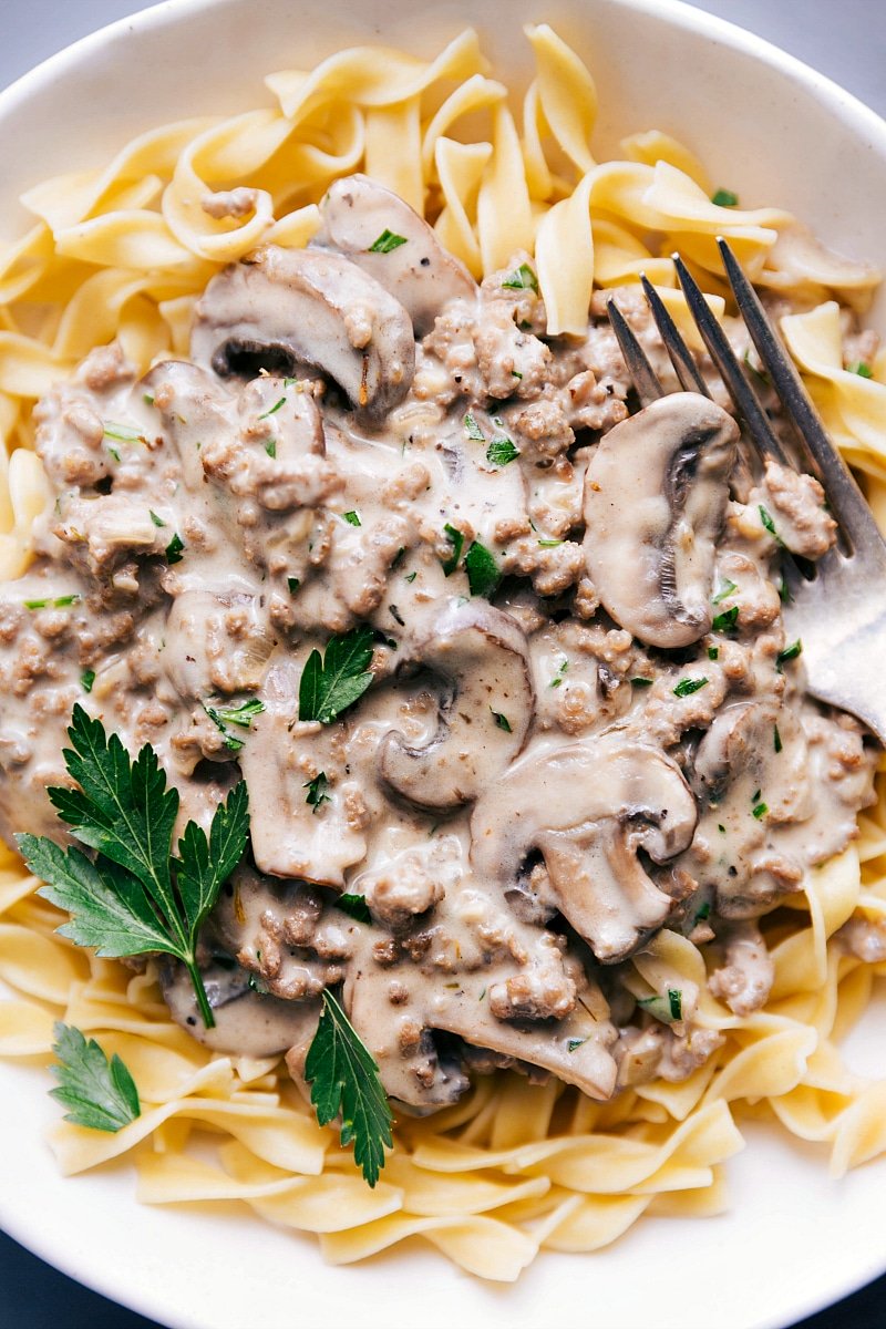 Close-up view of a plateful of Ground Beef Stroganoff and egg noodles.