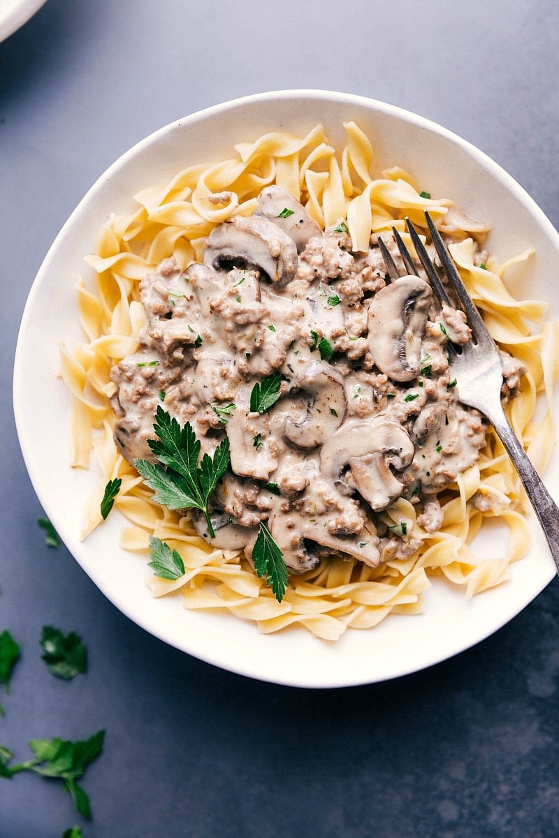 Ground beef stroganoff served over tender egg noodles.