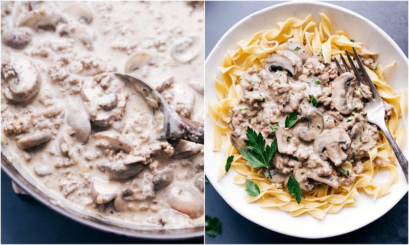 Beef stroganoff with ground beef in a cooking pan and then served over egg noodles, garnished with fresh parsley.