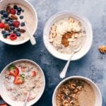 Four bowls of oatmeal, all with different toppings.