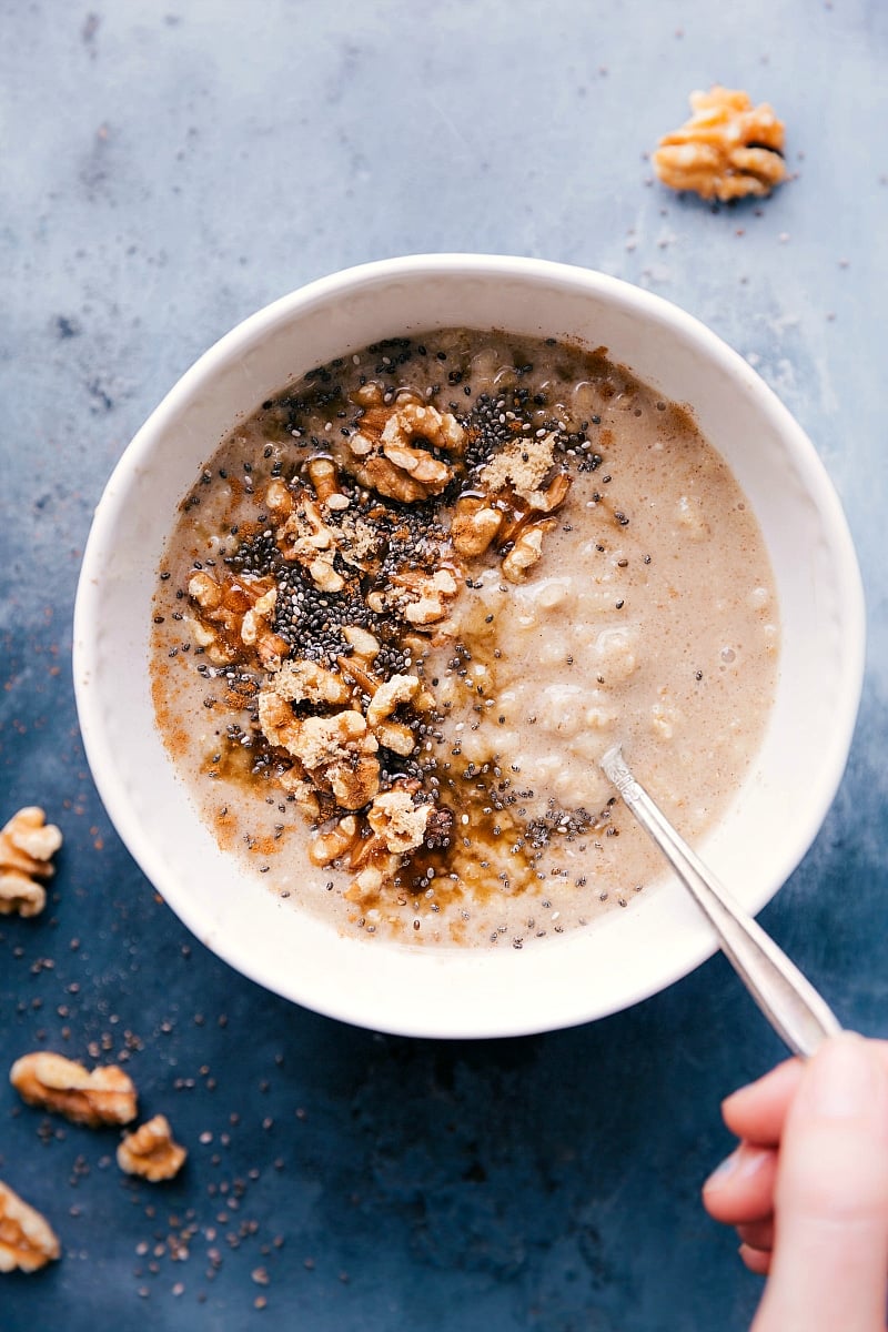 Bowl of maple brown sugar oatmeal, a comforting breakfast treat.