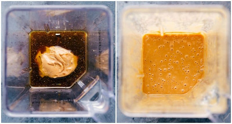 Overhead views of sauce ingredients being added to a blender and mixed together