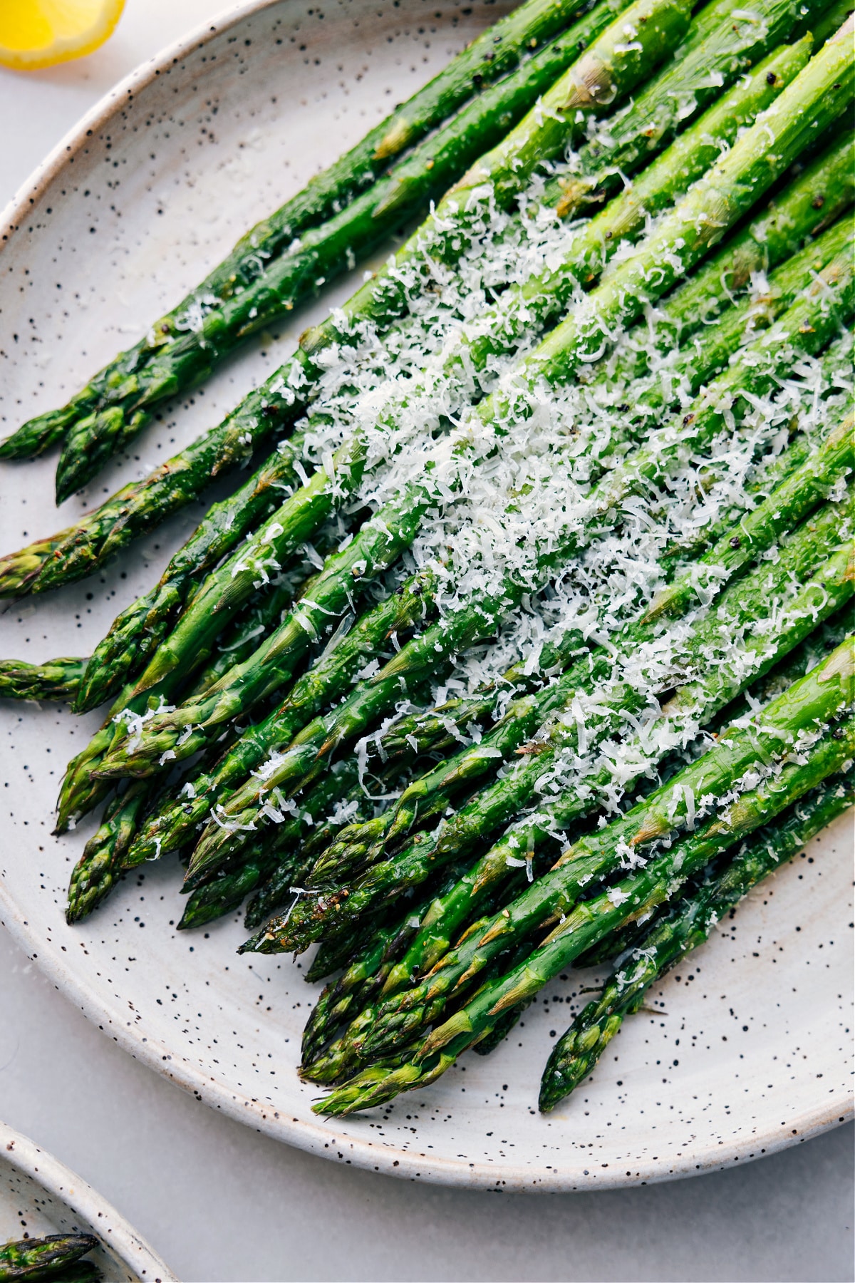 The roasted asparagus on a plate ready to be served.