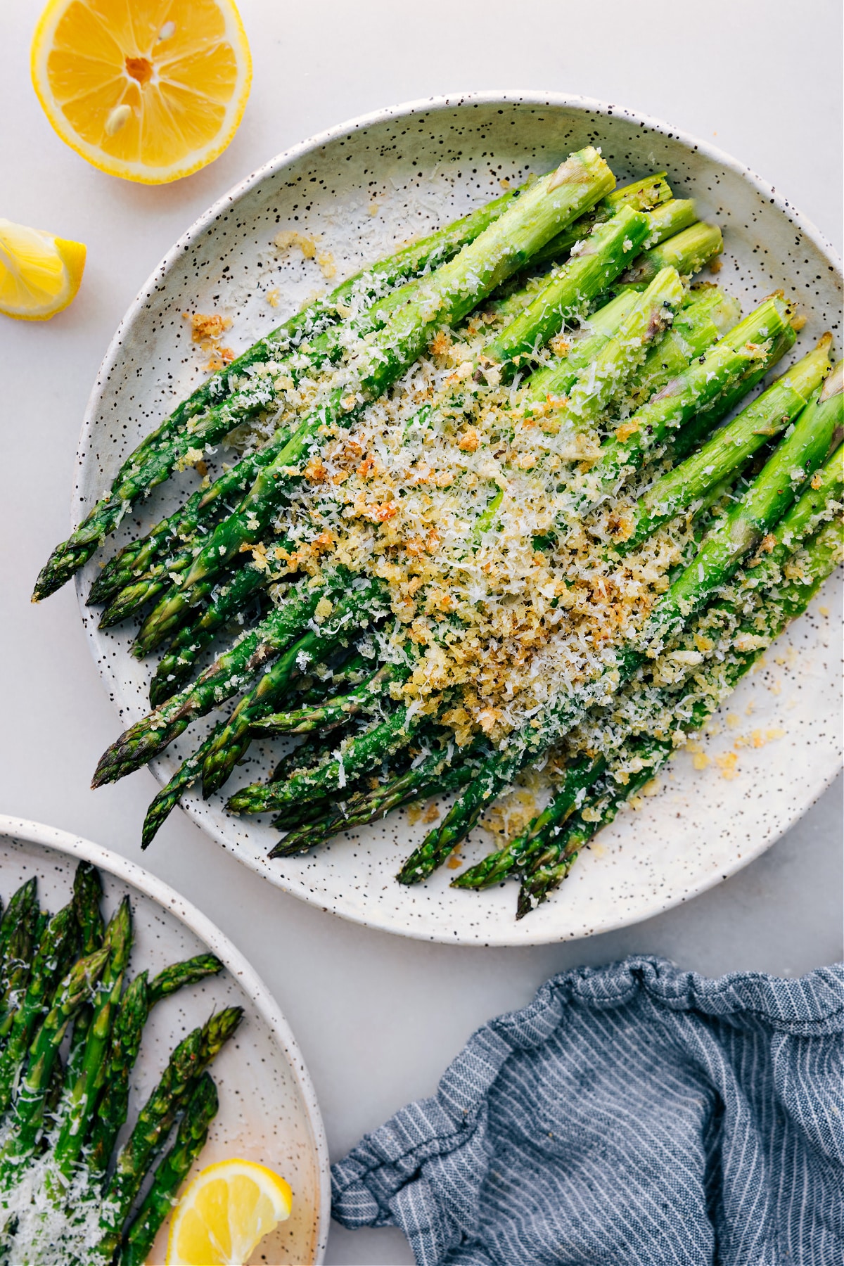 The breadcrumbs and parmesan roasted asparagus option on a plate.