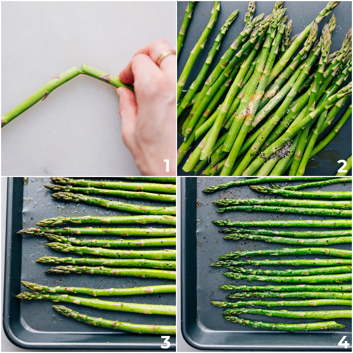 The asparagus being prepped and placed on the sheet pan along with seasonings to be roasted.