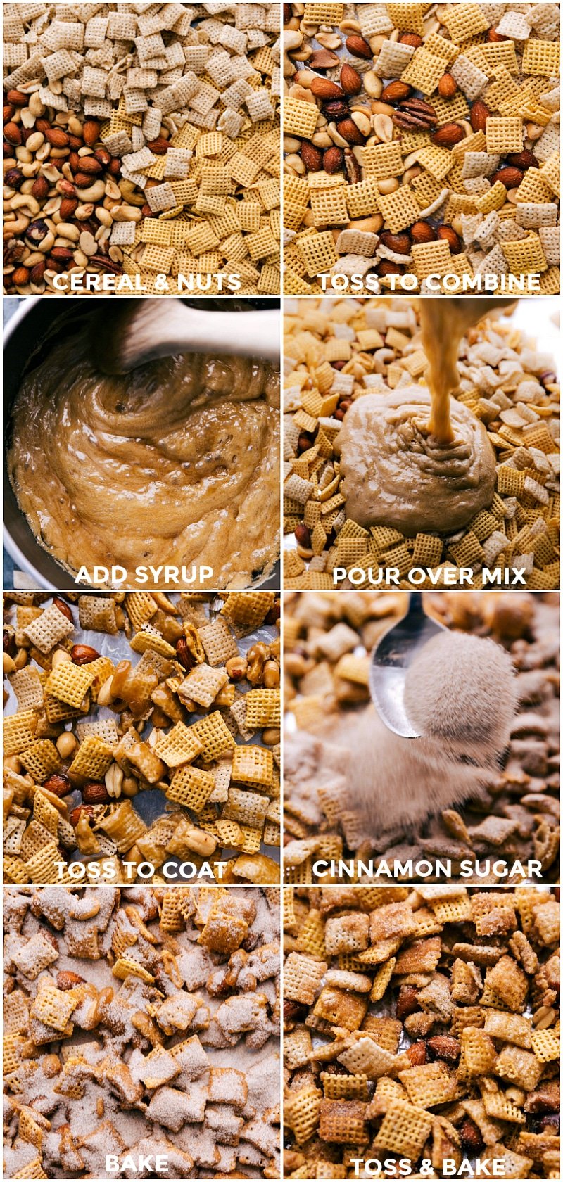 Process shots-- images of the ingredients being added in a bowl and the syrup being poured over it and and everything being mixed together and cinnamon sugar being sprinkled on top and everything being toss and baked