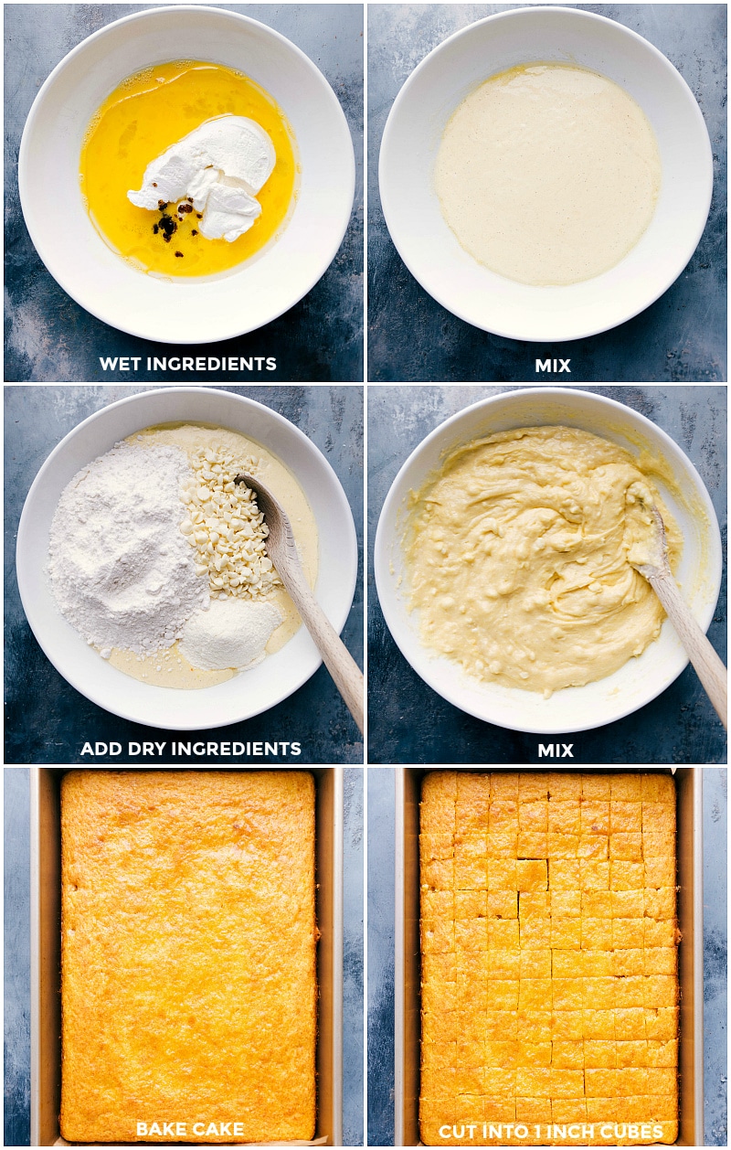 Bowl with wet ingredients, addition of dry ingredients, mixed batter, baked cake in pan, and cake segmented into cubes.