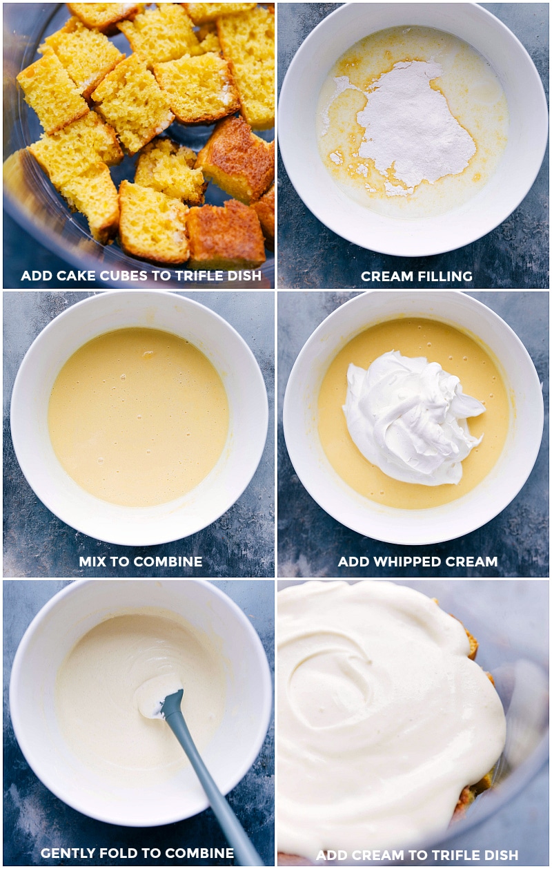 Process shots: adding cake cubes to the trifle dish; preparing the cream filling; adding it to the trifle dish.