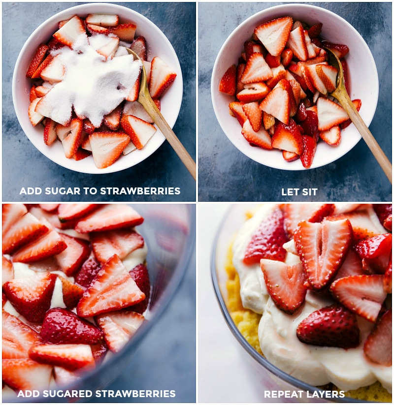 Sprinkling sugar on sliced strawberries, allowing them to macerate, adding them to the trifle, and a final view of the strawberry trifle shortcake.