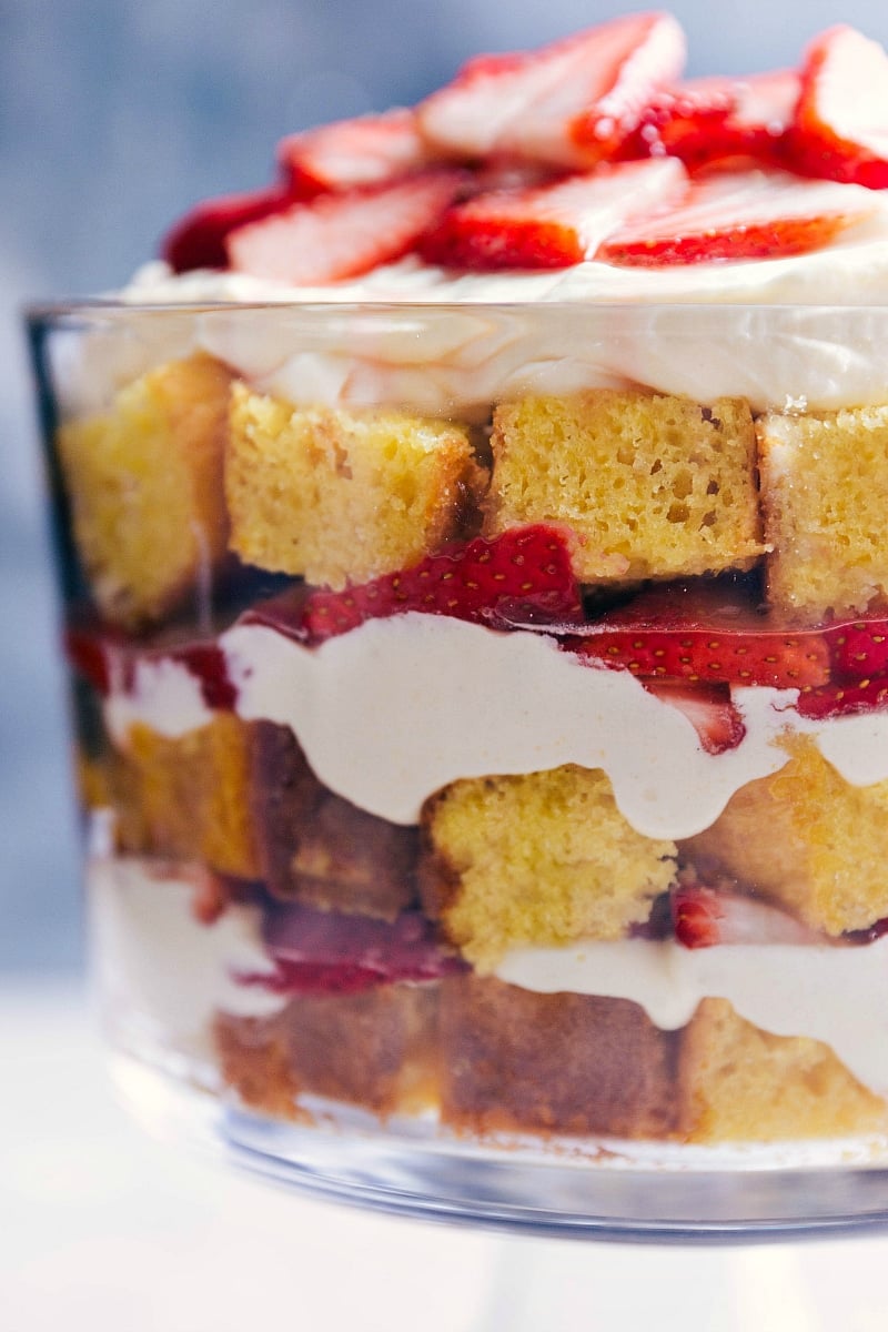 Closeup view of the finished Strawberry Shortcake Trifle.