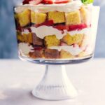 Strawberry shortcake trifle with layers of cake, fresh strawberries, and cream.