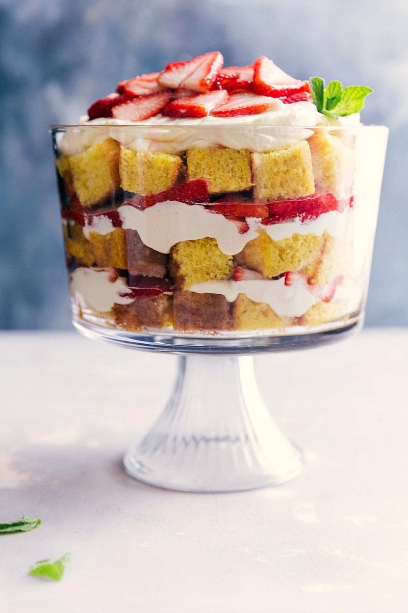 Strawberry shortcake trifle with layers of cake, fresh strawberries, and cream.