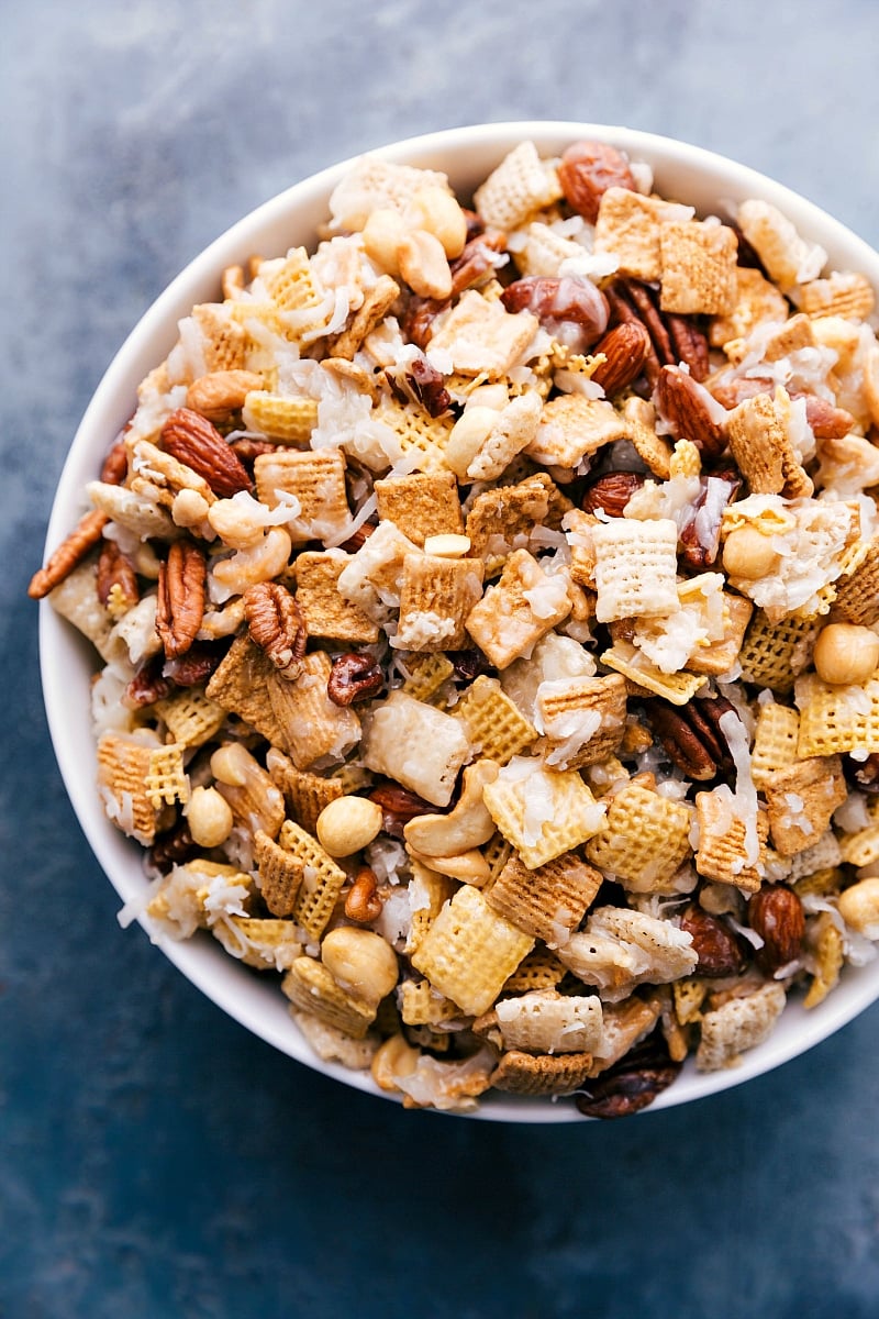 Overhead image of Sweet Chex Mix in a bowl, ready to be eaten.