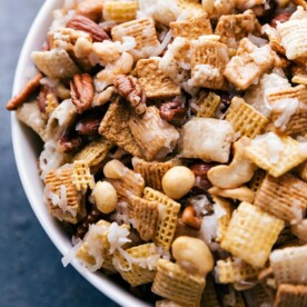 Completed sweet chex mix recipe displaying all ingredients thoroughly coated in delicious sugar sauce.