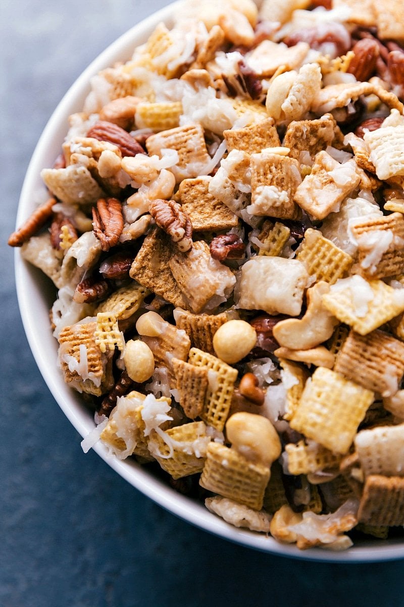 Completed sweet chex mix recipe displaying all ingredients thoroughly coated in delicious sugar sauce.