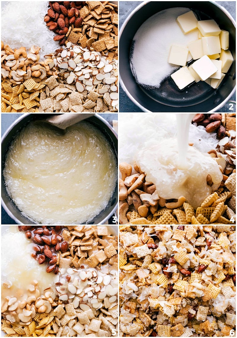 Ingredients in a bowl, making sugar sauce in pan, pouring it over the ingredients, and mixing everything together.