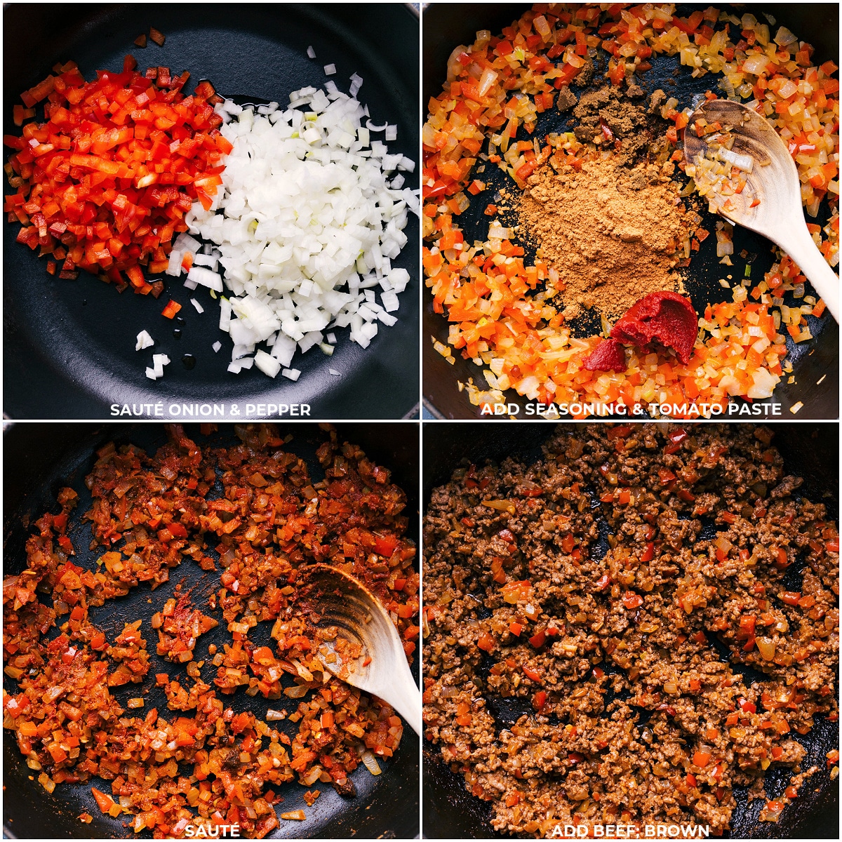 Veggies being sautéed, seasonings, tomato paste, and beef being added to the pot for this taco lasagna.