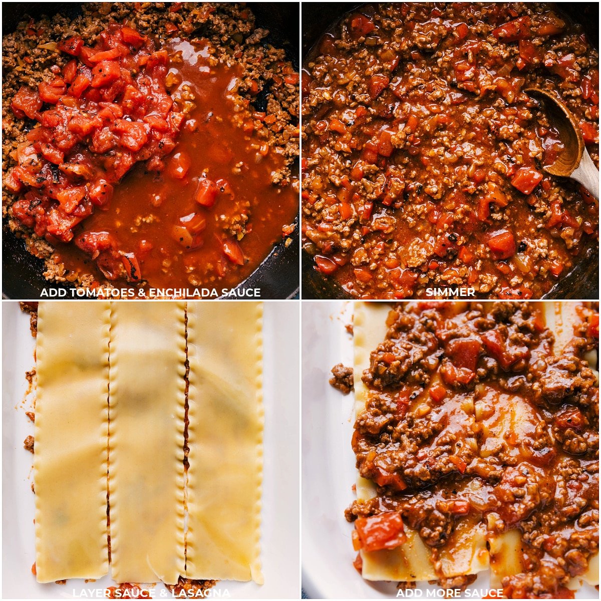 Tomatoes and enchilada sauce being added to the skillet and then the noodles being layered in the pan and sauce being added on top.