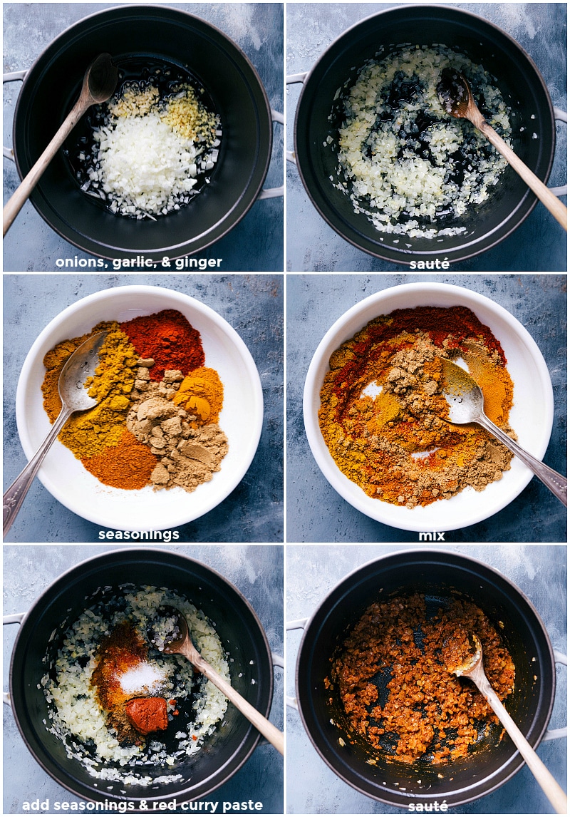 Process shots of the first stages of making Vegetable Curry: sauteing the aromatics, mixing the spices and adding them to the pan.